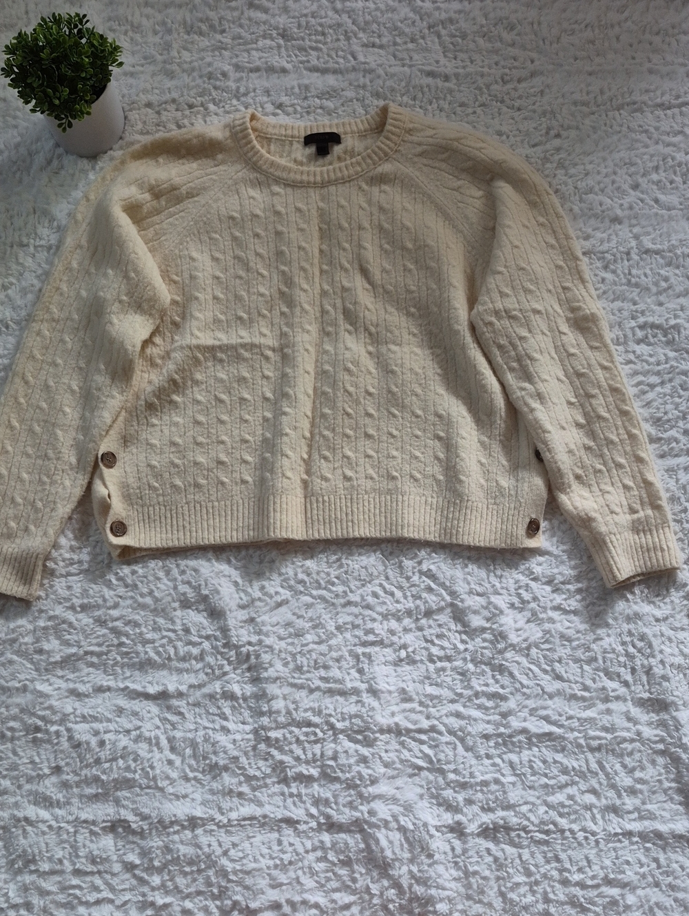 J. Crew Cream Cable-Knit Crewneck Sweater with Side Buttons